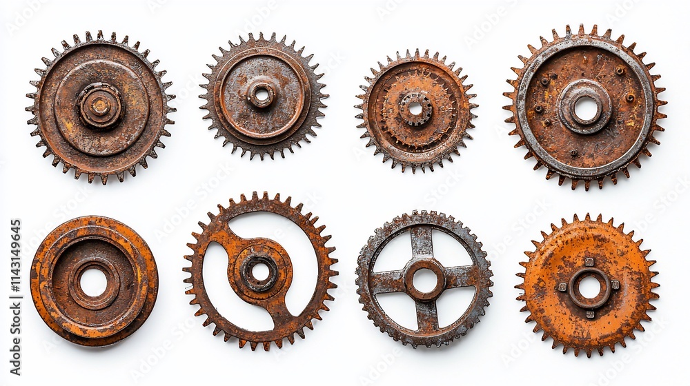 Eight rusty metal gears isolated on white. Eight rusty metal gears isolated on white.