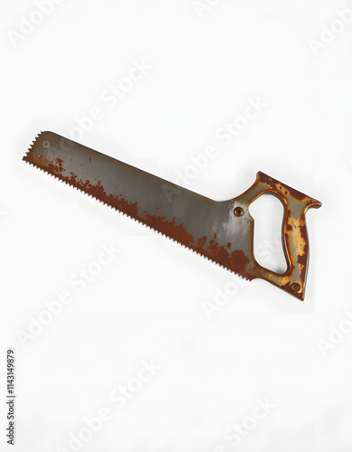 A vintage rusted metal hand saw on a plain white background. Ideal for construction or carpentry concepts, dinamic scene