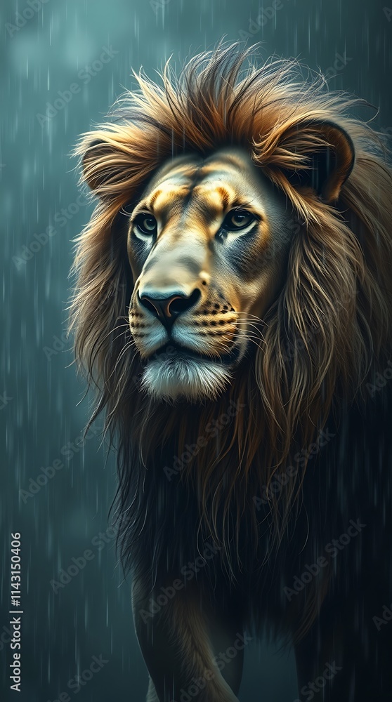 Fototapeta premium lion in rainy atmosphere with soft light 