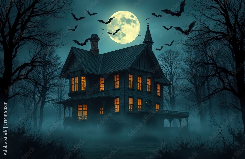 Haunted old house stands dark forest night. Full moon casts eerie light. Bats fly around. Spooky atmosphere. Mysterious location. Eerie scene. Perfect for Halloween, horror movies. Night in old Haunted old house stands dark forest night. Full moon casts eerie light. Bats fly around. Spooky atmosphere. Mysterious location. Eerie scene. Perfect for Halloween, horror movies. Night in old