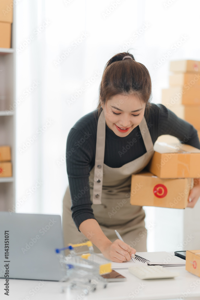 Smiling Woman Entrepreneur Packing Online Orders Smiling Woman Entrepreneur Packing Online Orders