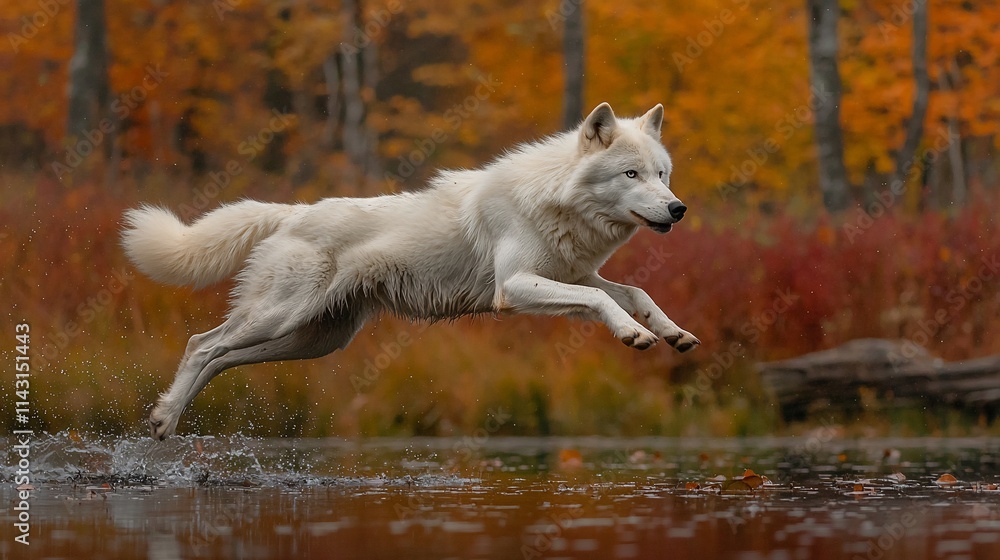 Obraz premium Arctic wolf leaping across autumnal water.