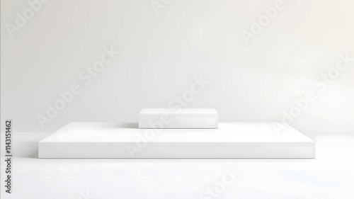 White empty stands on white background Blank podiums shopfront Showcase for credit cards Product display advertisement Portrait photo Natural Light Wide Shot angle S