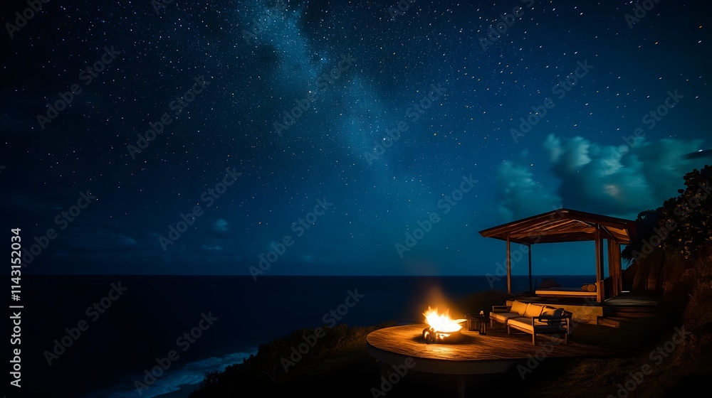 Fototapeta premium A secluded ocean villa with a firepit lounge on the deck glowing under a canopy of stars in the endless ocean horizon.