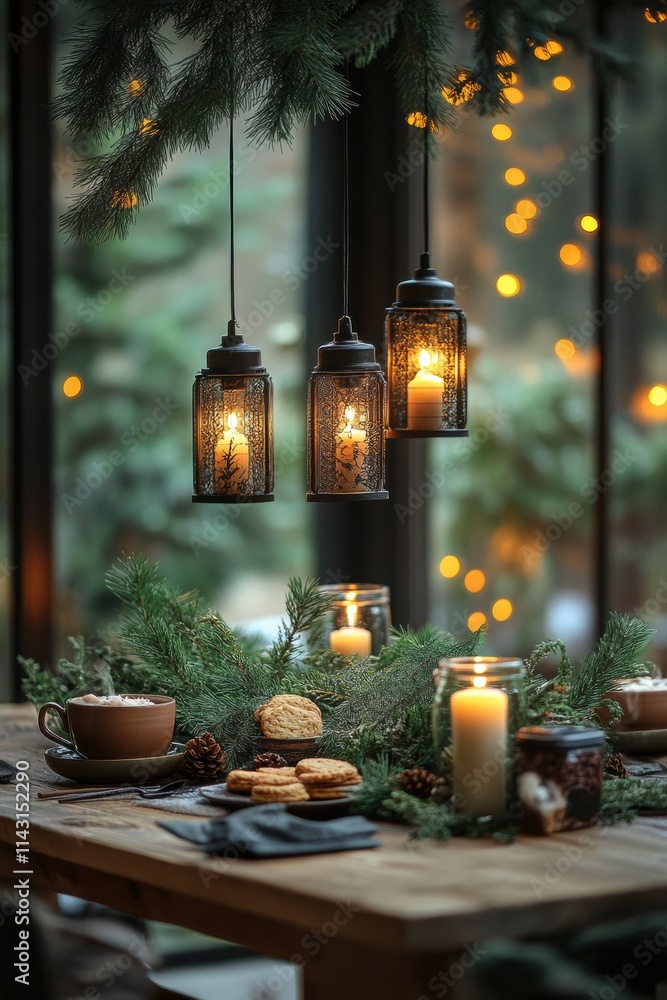 Glowing lanterns illuminate a wooden table adorned with treats and greenery in a cozy setting Glowing lanterns illuminate a wooden table adorned with treats and greenery in a cozy setting
