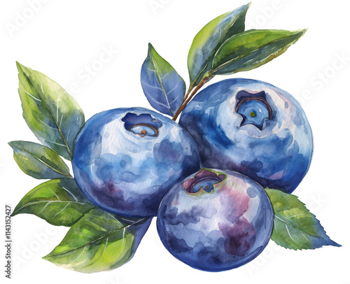 Blueberries with leaves watercolor png on transparent background