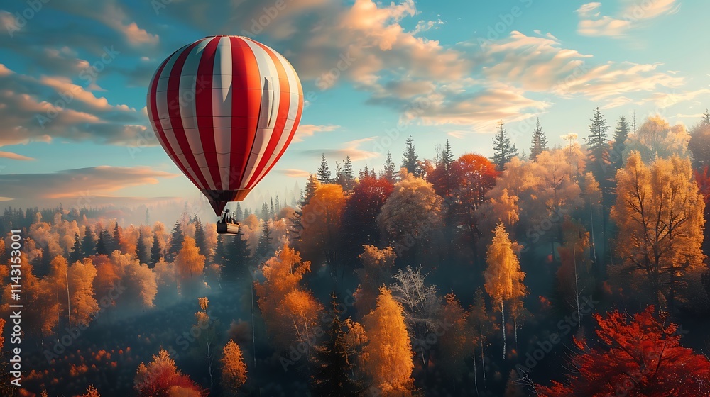 A hot air balloon ascending over a colorful autumn forest A hot air balloon ascending over a colorful autumn forest