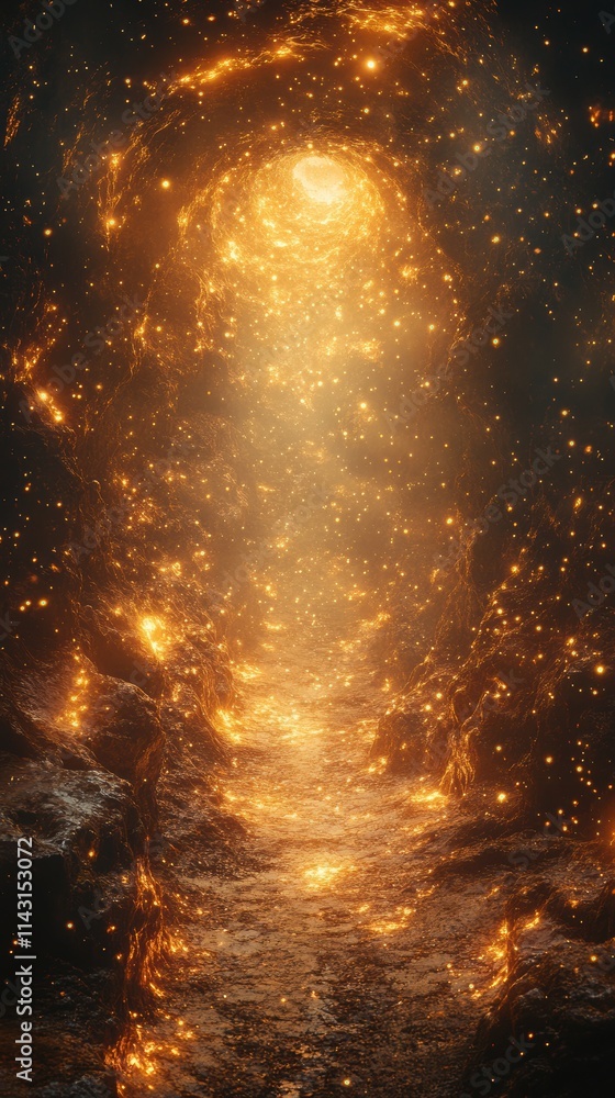 A Mystical Pathway Illuminated by Golden Light Particles Leading to a Bright Portal in a Dark and Otherworldly Cave Setting A Mystical Pathway Illuminated by Golden Light Particles Leading to a Bright Portal in a Dark and Otherworldly Cave Setting