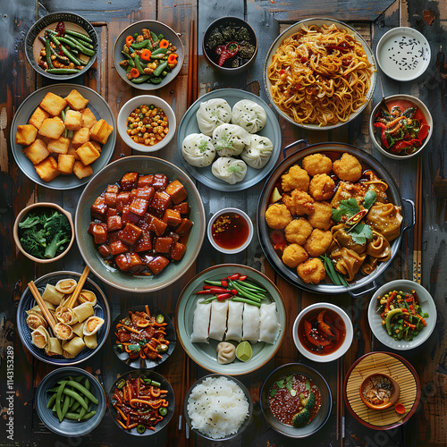 Vibrant Assorted Asian Food Flat Lay with Noodles, Dim Sum, and Tofu - Authentic Asian Cuisine Platter with Traditional Dishes photo