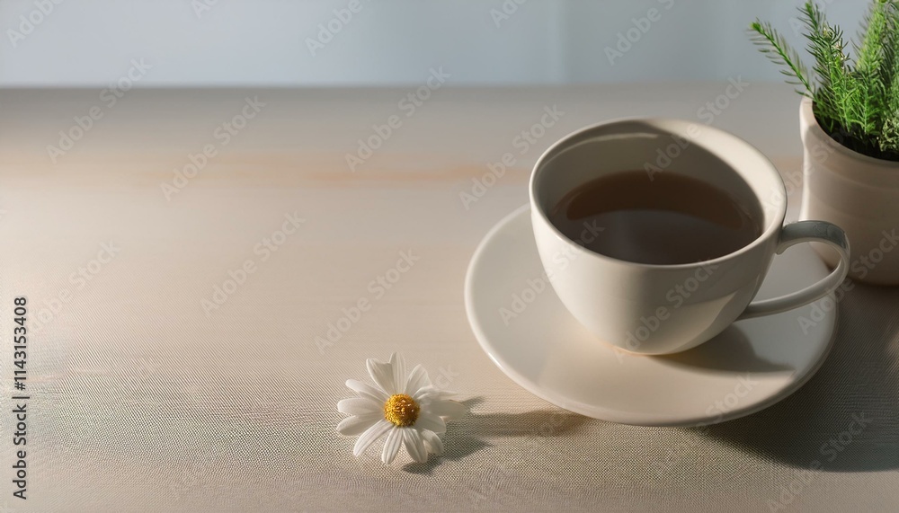 Coffee in a neatly designed mug with a small flower next to it Coffee in a neatly designed mug with a small flower next to it