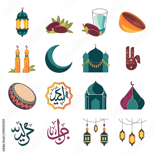 set of vibrant 2D vector icons illustrating Arab culture and folklore items and decorations photo