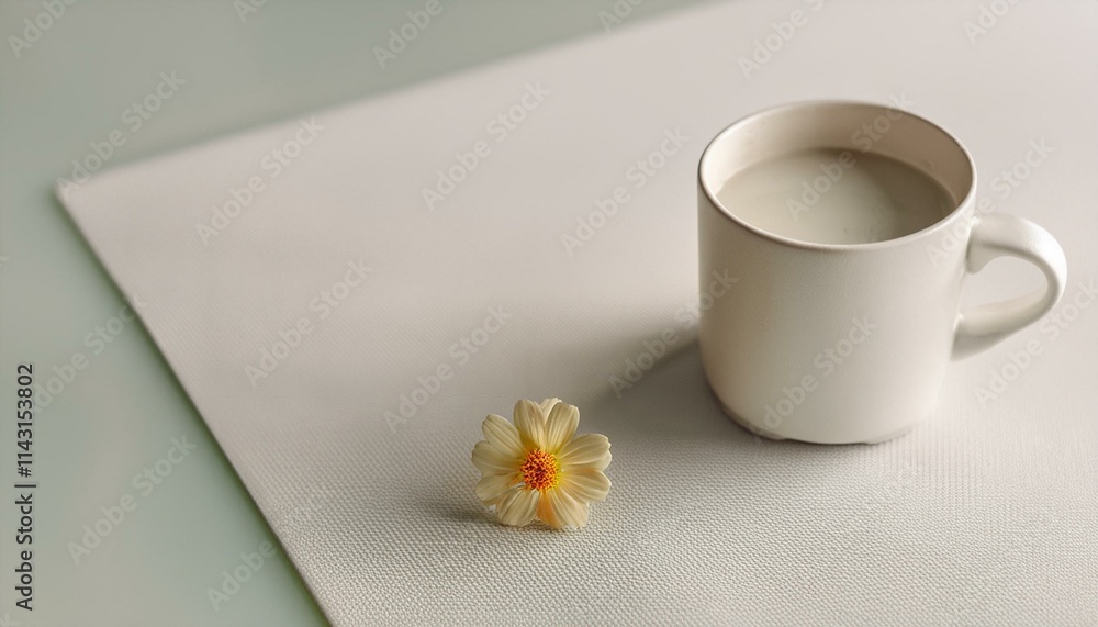 Coffee in a neatly designed mug with a small flower next to it Coffee in a neatly designed mug with a small flower next to it