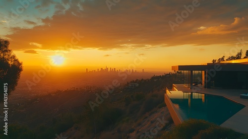 A stunning modern villa in the Hollywood Hills with a glass façade and infinity pool overlooking Los Angeles. photo