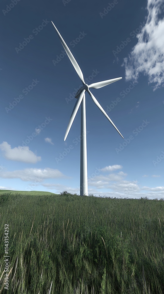 Majestic Wind Turbine in a Verdant Field Under a Blue Sky Majestic Wind Turbine in a Verdant Field Under a Blue Sky