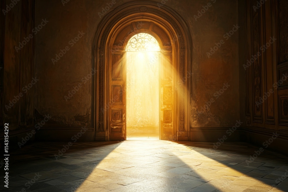 Sunlight streams through opened arched doorway. Sunlight streams through opened arched doorway.