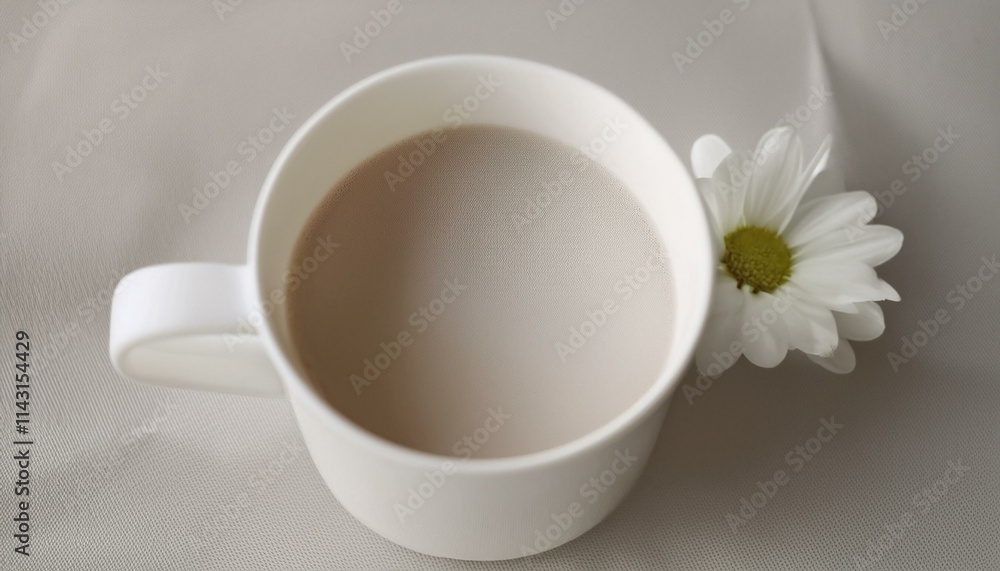 Coffee in a neatly designed mug with a small flower next to it Coffee in a neatly designed mug with a small flower next to it