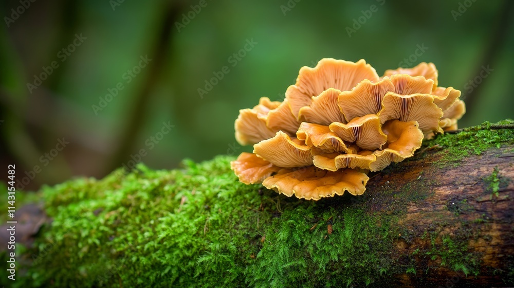 A cluster of vibrant, orange mushrooms growing naturally on a moss-covered log in a lush forest setting, showcasing the beauty of nature's ecosystem. A cluster of vibrant, orange mushrooms growing naturally on a moss-covered log in a lush forest setting, showcasing the beauty of nature's ecosystem.