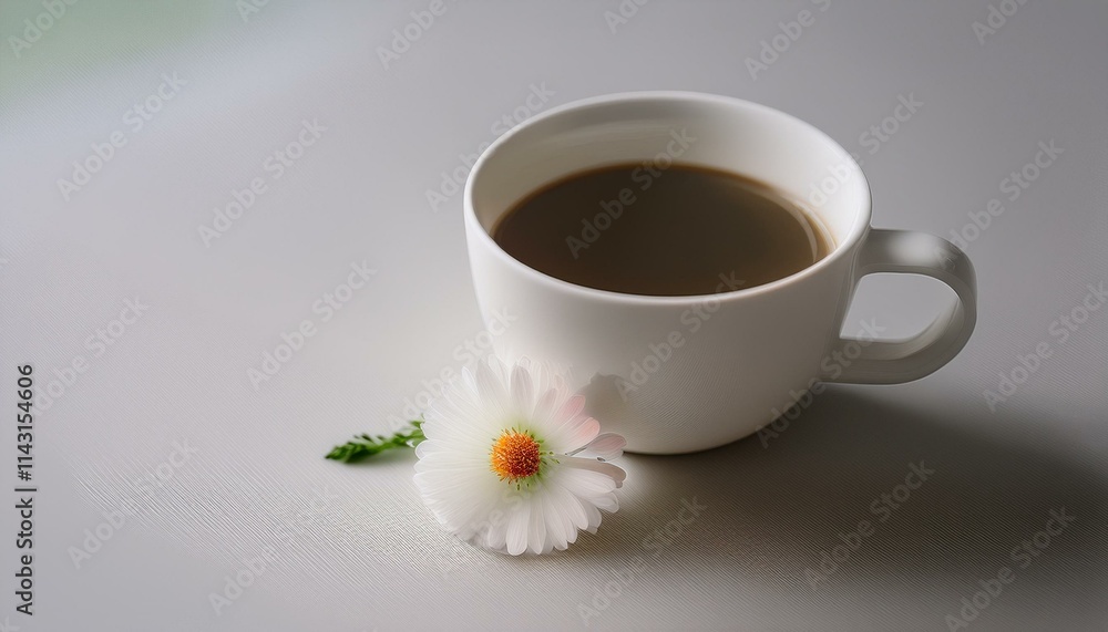 Coffee in a neatly designed mug with a small flower next to it