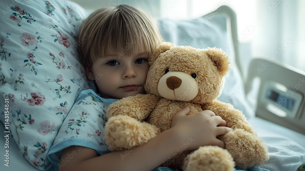 child hugging teddy bear in hospital bed, generative ai child hugging teddy bear in hospital bed, generative ai