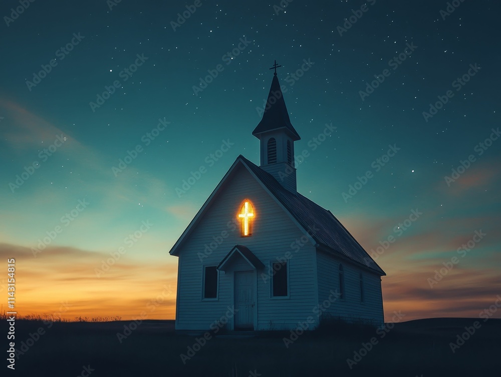 White church, glowing cross, starry twilight sky. White church, glowing cross, starry twilight sky.