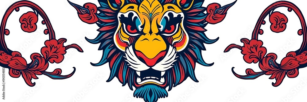 Vibrant lion tattoo art print with retro flair and intricate ornamental details Vibrant lion tattoo art print with retro flair and intricate ornamental details