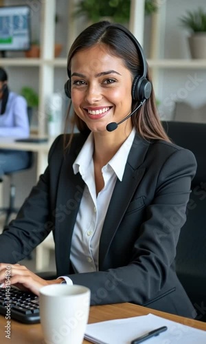 Cheerful customer service representative wearing a headset and smiling in a modern professional setting photo