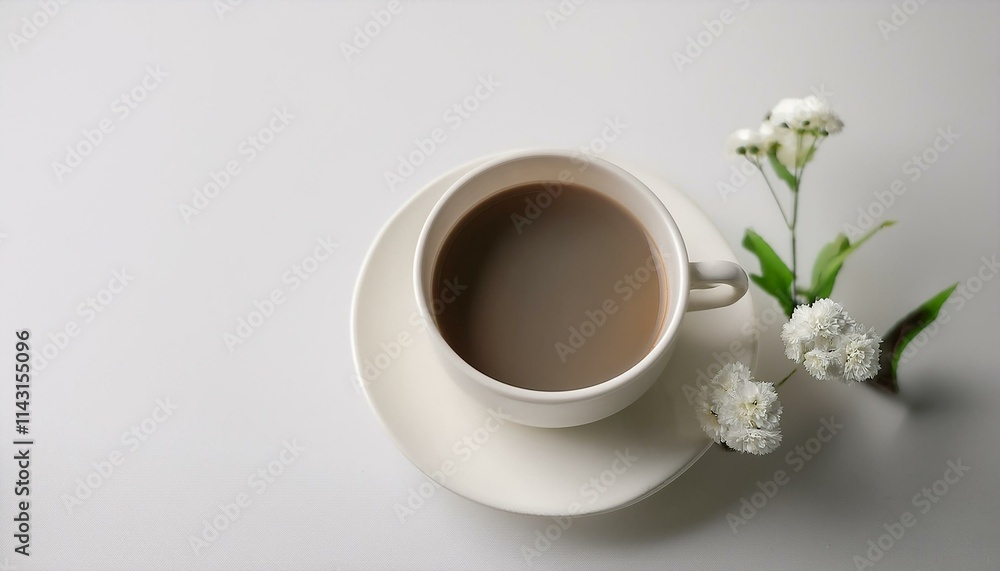 Coffee in a neatly designed mug with a small flower next to it Coffee in a neatly designed mug with a small flower next to it