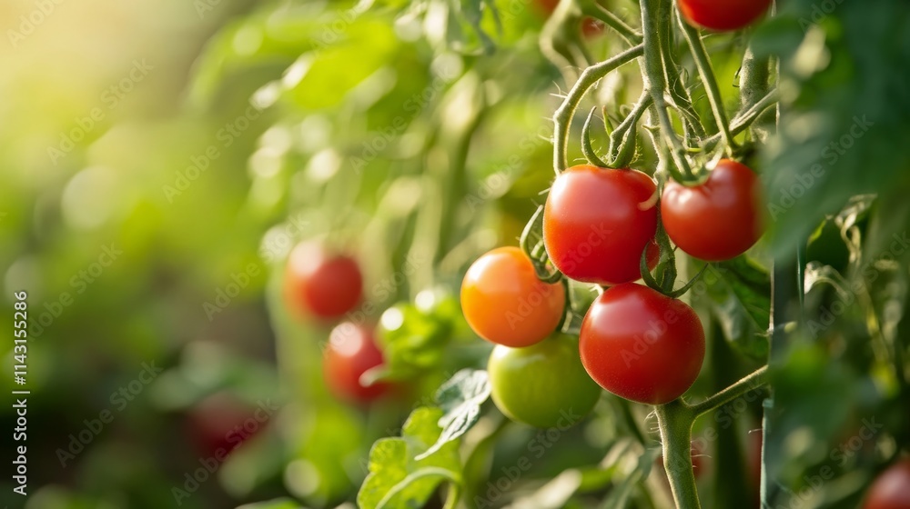 Clusters of ripe red tomatoes gleam on their green vines, thriving in a lush, sunlit garden, embodying the essence of natural abundance and growth. Clusters of ripe red tomatoes gleam on their green vines, thriving in a lush, sunlit garden, embodying the essence of natural abundance and growth.