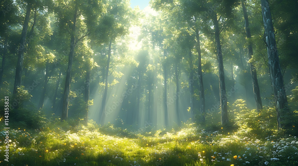Obraz premium Sunbeams illuminate a lush, misty forest clearing with wildflowers.