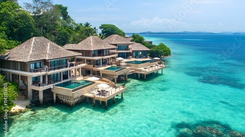 A vast ocean villa complex with interconnected bungalows each with private infinity pools built over crystal-clear water. photo