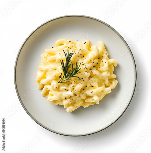 elegant plate of a sophisticate cuisine with macaroni cheese top view with white background the plate has to be a little bit grey a cool modern plate This is an ult photo