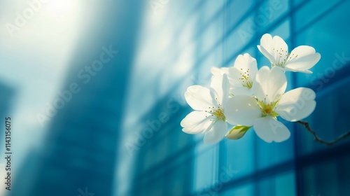 Delicate white flowers bloom vibrantly against the contrasting backdrop of a tall glass skyscraper, capturing the interplay between nature and urban architecture. photo