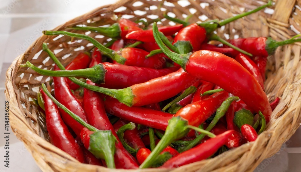 Freshly Picked Red Chili Peppers Arranged in a Basket with Vibrant Colors Freshly Picked Red Chili Peppers Arranged in a Basket with Vibrant Colors