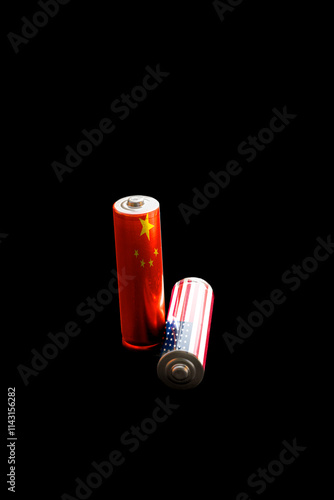 Two AA penlite or mignon batteries, one  lies horizontally wrapped in the USA flag and the other standing upright in the Chinese flag, side view isolated on black background.  photo