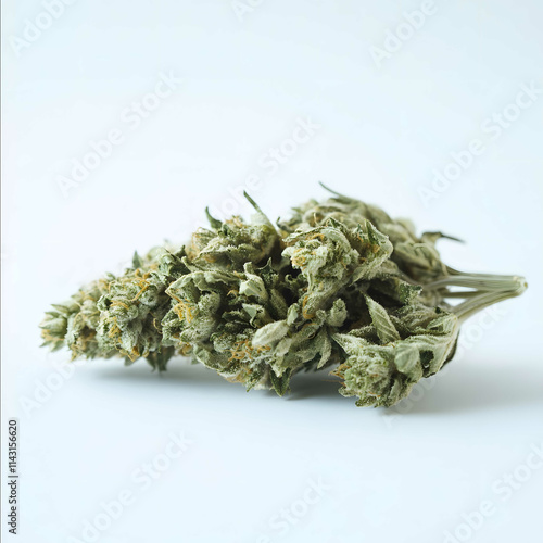 low angle side view of cannabis bud full of trichomes laying on white surface with white background photo