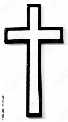 a white cross with bold black outlines and white background the horizontal cross is small photo