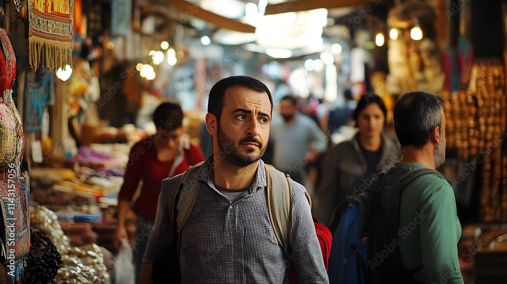 Fototapeta premium Four adventurers navigating a crowded Istanbul bazaar dodging vendors and shoppers with determined faces.