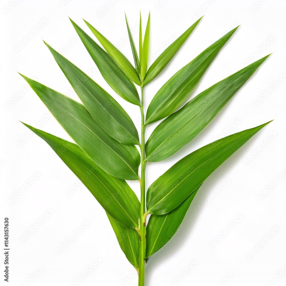 Obraz premium Studio shot of a giant reed branch with long green leaves, isolated on a white background, full depth of field
