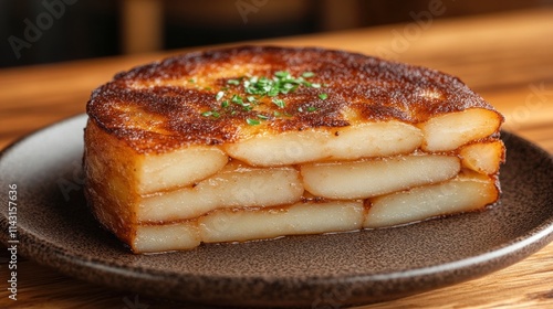 Crispy layered potato cake on dark plate.