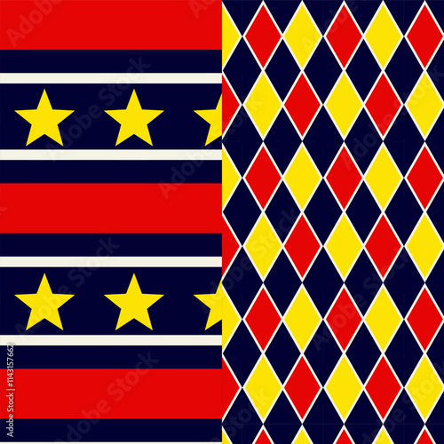 Seamless patterns with circus or carnival theme, with stars and stripes, colorful rhombuses like harlequin wallpaper.