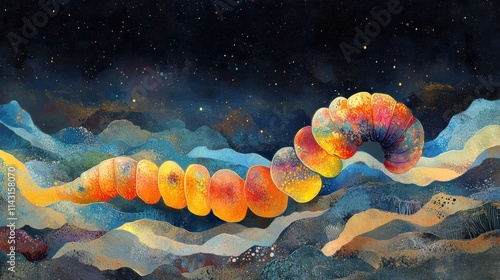 A Surreal Abstract Artwork Featuring a Vibrantly Colored, Fantastical Caterpillar-Like Creature in a Cosmic, Starry Night Landscape Depicting a Dreamlike Realm photo