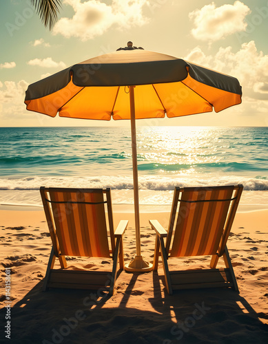 Vintage toned two beach chairs and umberella on empty tropical ocean beach at sunny day, glowing neon, with white tones photo