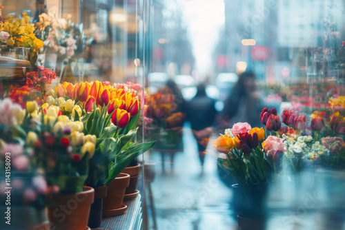 Flower shop, blurred background of people walking in the street with flowers on display. Flower store.  photo