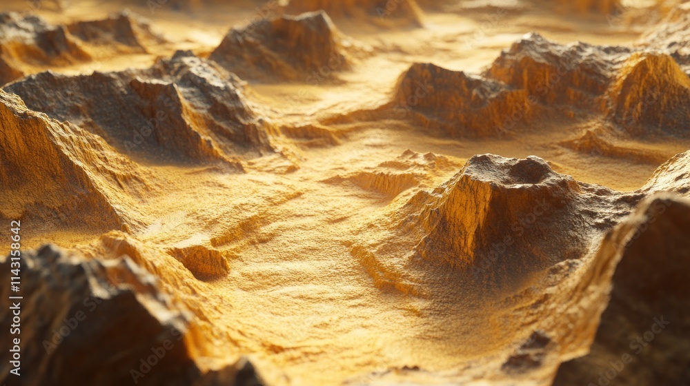 A detailed 3D representation of a rugged terrain, showcasing peaks and valleys with a warm, sandy texture. A detailed 3D representation of a rugged terrain, showcasing peaks and valleys with a warm, sandy texture.