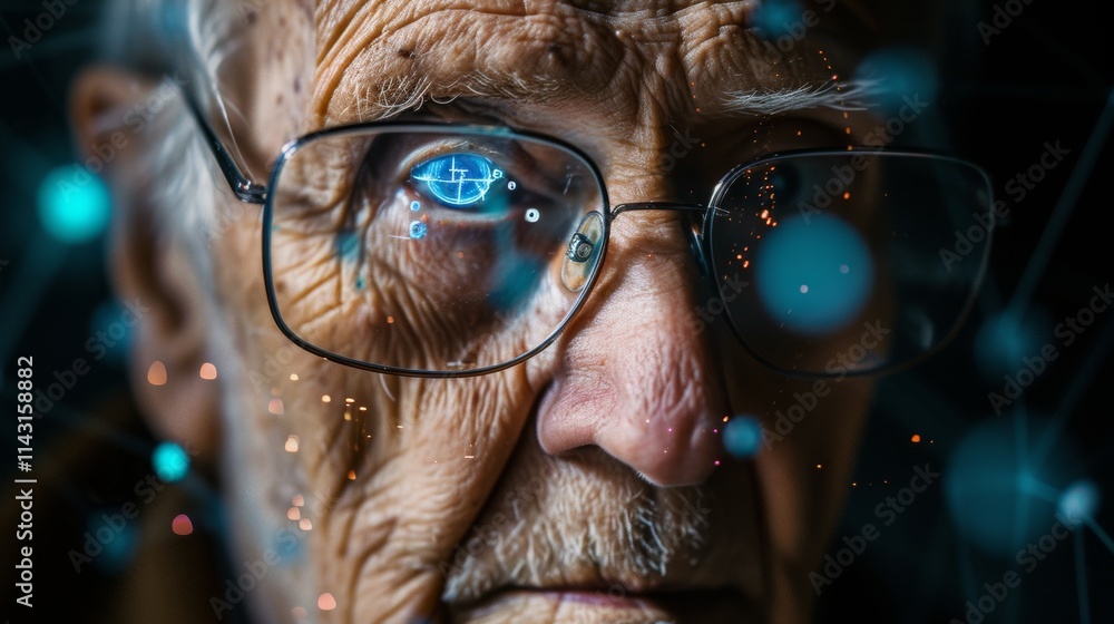 Close-up of an elderly man wearing glasses, reflecting a glowing augmented reality interface. Futuristic tech design merges human expression with digital elements. AI generated. Close-up of an elderly man wearing glasses, reflecting a glowing augmented reality interface. Futuristic tech design merges human expression with digital elements. AI generated.