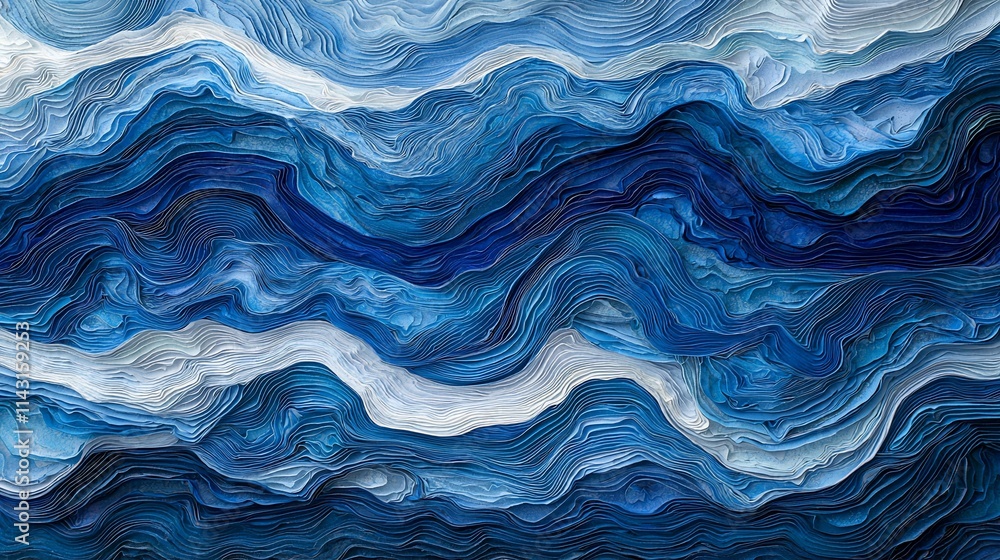 Abstract blue and white wavy pattern.