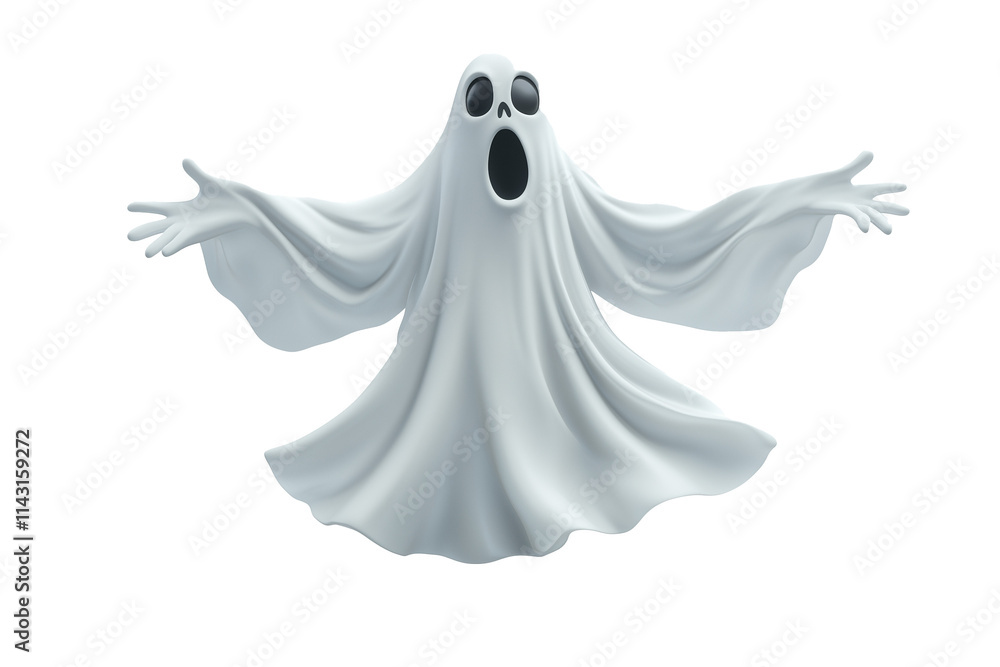 Flying white ghost character with surprised expression for Halloween design element isolated on transparent background Flying white ghost character with surprised expression for Halloween design element isolated on transparent background