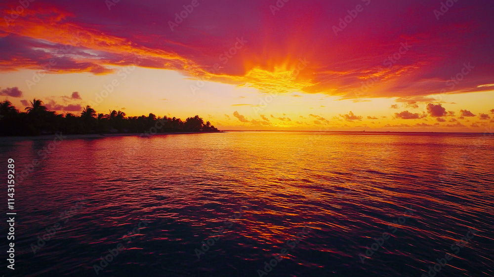 Obraz premium A vibrant tropical sunset over calm ocean waters, featuring vivid shades of orange, pink, and purple blending into a dramatic sky, with palm trees silhouetted on the horizon.