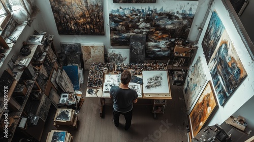 Artist's studio, many paintings, person working.