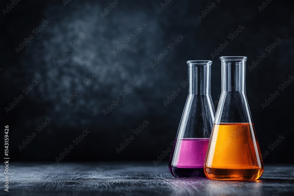 science lab setup, assorted vibrant chemical solutions in glassware on a wooden table create an artistic lab setting, perfect for notes science lab setup, assorted vibrant chemical solutions in glassware on a wooden table create an artistic lab setting, perfect for notes
